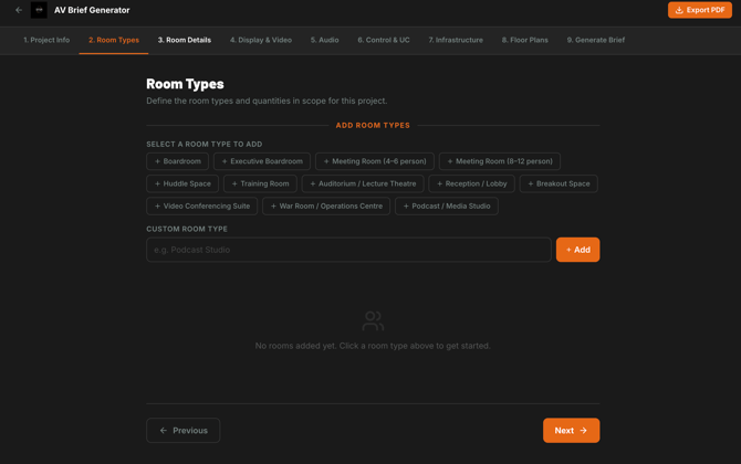 Select the AV room types that you need